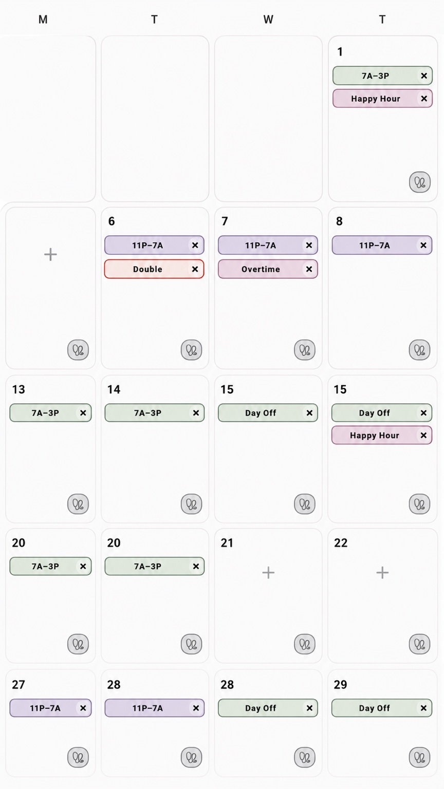 Elite Nurse Shift Tracker calendar showing multiple shift stamps organized on one date